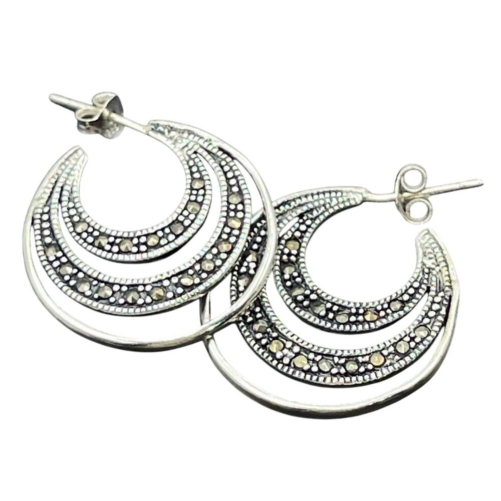 Sterling Silver 925 Designer Round Three Row Layered‎ Marcasite Hoop Earrings